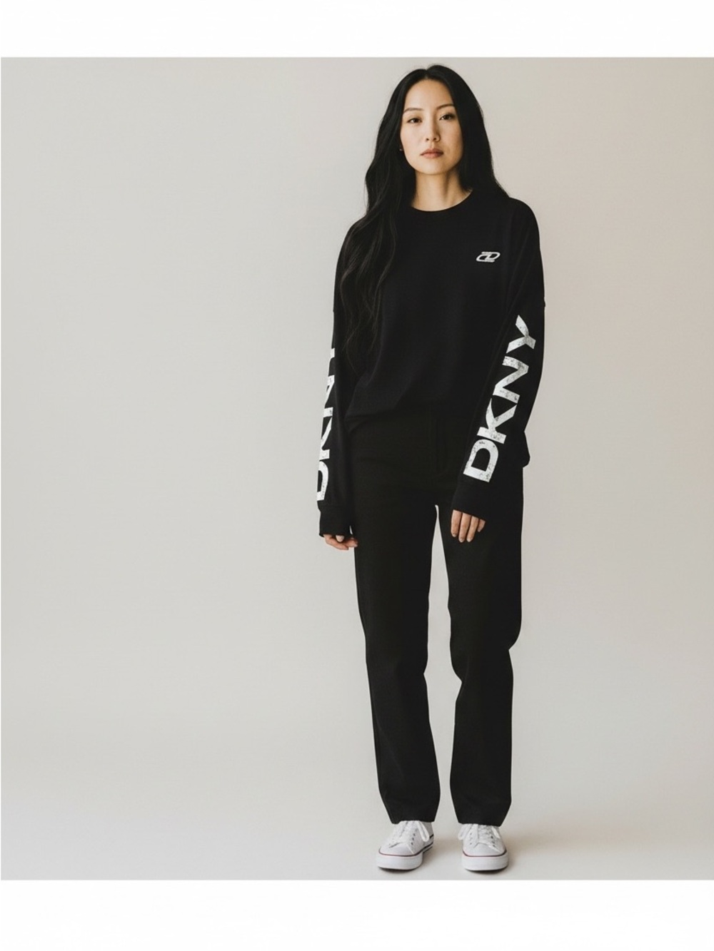 DKNY Sport Black White Crinkle Logo Long Sleeve Plus Size Top Size 1X NWT